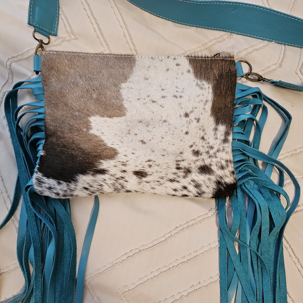 Blue and Brown Crossbody Bag with Fringe Details
